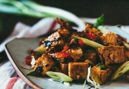 Chili Tofu Salad with Kimchi Chips and Seaweed