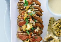 Sicilian-style steak with grilled artichokes and lemon mayonnaise
