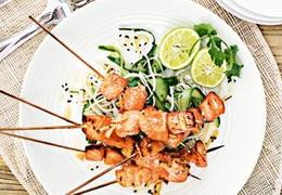 Honey and ginger salmon skewers with noodle salad
( SERVES 4 )