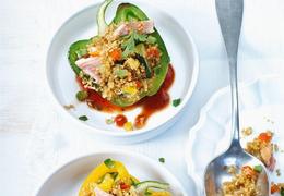Peppers Stuffed with Bulgur and Smoked Trout in Tomato Sauce