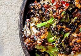 Chargrilled broccoli and cauliflower with harissa