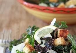 Kale Caesar Salad with Tofu Croutons & Kalamata Caesar Dressing