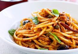 Bucatini puttanesca with tuna