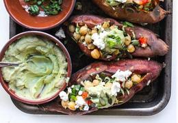 Mediterranean Stuffed Sweet Potatoes with Chickpeas & Avocado Tahini
